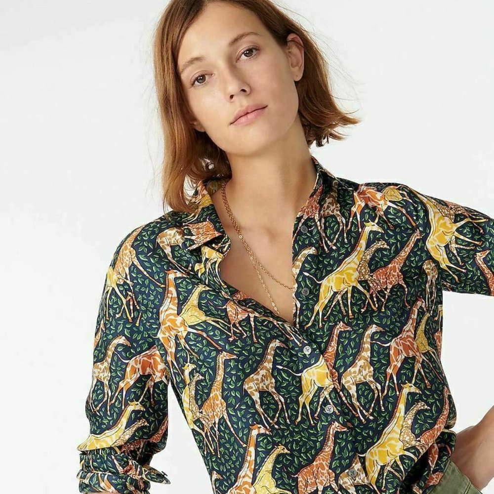 J.Crew Collection Silk Twill Shirt Safari Giraffes - Picture 2 of 4